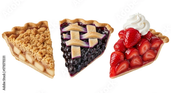 Fototapeta Three delicious pie slices apple crumble blueberry lattice strawberry cream
