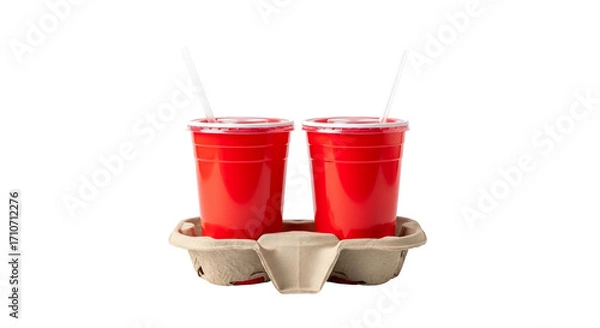 Fototapeta Two red cups with straws in cardboard holder on transparent background