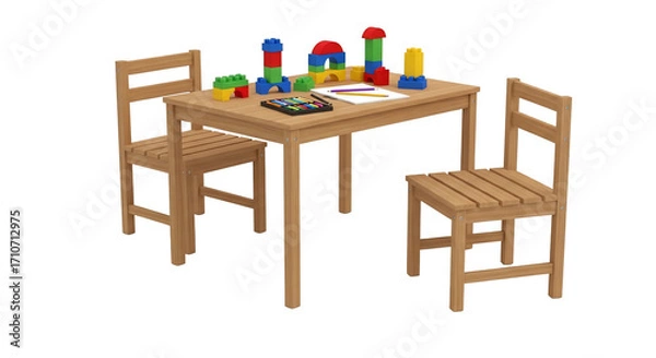 Fototapeta Wooden childrens table and chairs with building blocks
