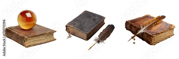 Fototapeta Antique books with glass sphere on transparent background indoor library setting still life