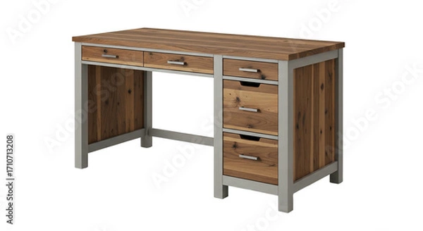 Fototapeta Wooden desk with drawers rustic style furniture home office table gray and brown isolated on transparent background