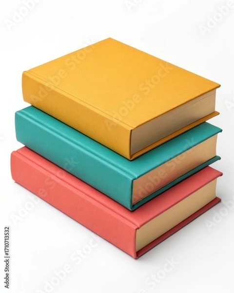 Obraz Stack of three hardcover books in yellow teal and coral on white background