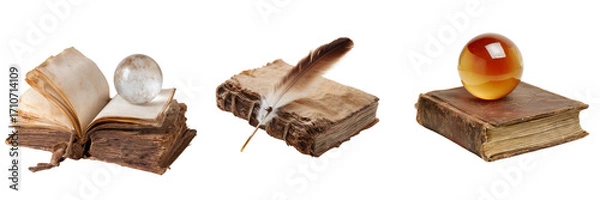 Fototapeta Writing action with antique books and quill transparent background creative environment
