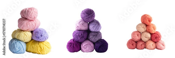 Fototapeta Colorful yarn balls stacked in triangles with transparent background for craft projects