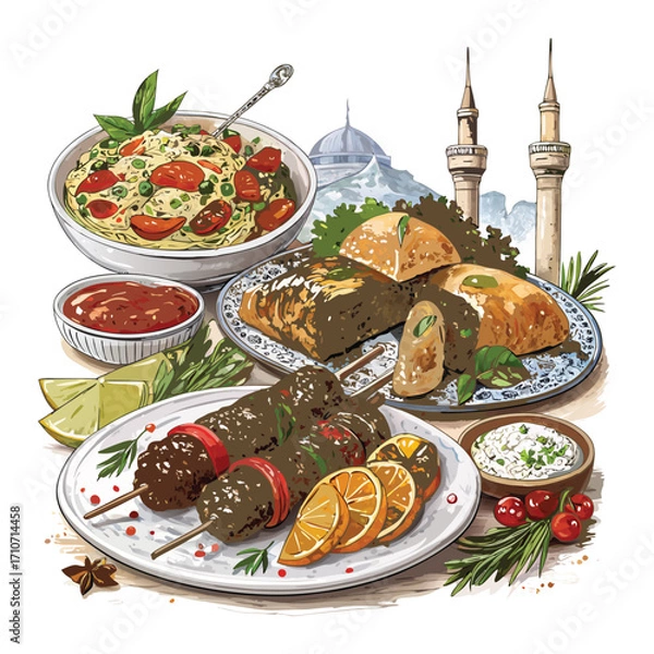 Fototapeta Turkish National Food with Turkish Pie Pide and Dolma Top View Vector 