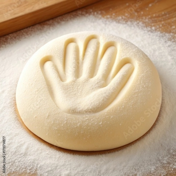 Obraz Soft yellow dough with handprint impression dusted with flour on wooden surface