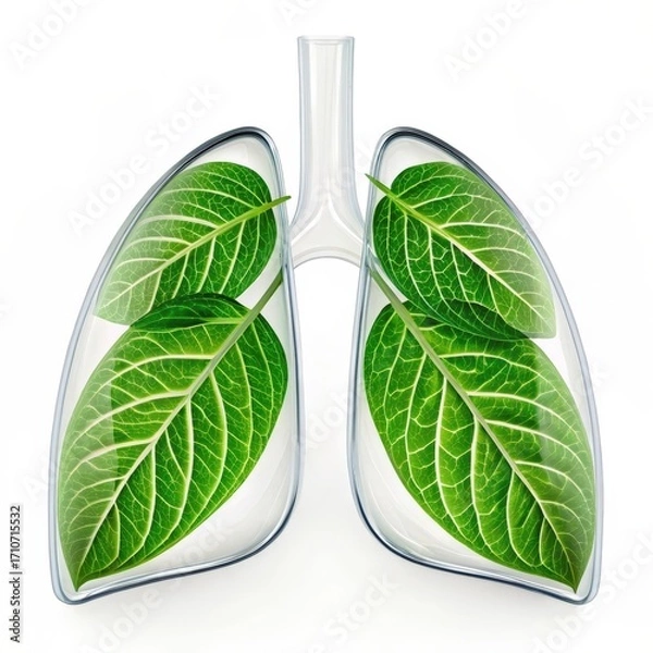 Obraz Transparent human lungs filled with vibrant green leaves on a white background