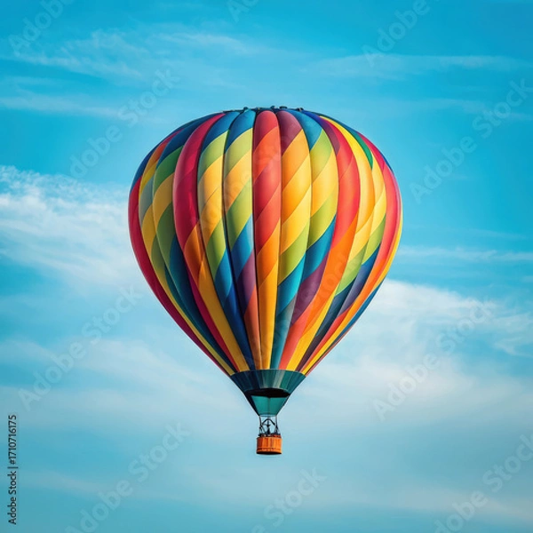 Obraz Vibrant striped hot air balloon floats serenely against a clear blue sky with wispy clouds