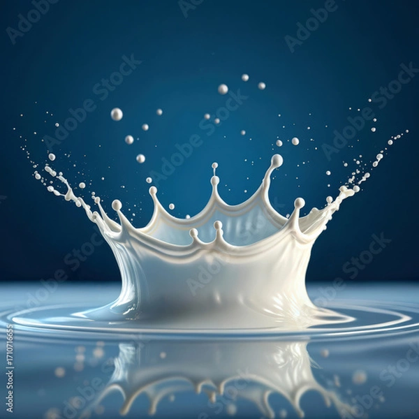 Obraz White milk splash frozen mid air with droplets against blue background