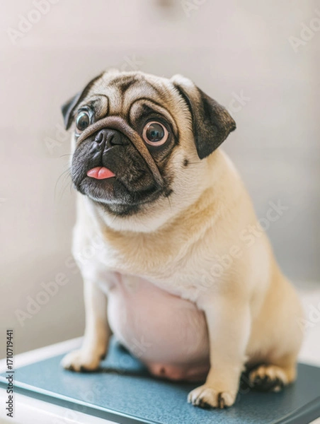 Fototapeta Pug dog with overweight sitting on weighing scale