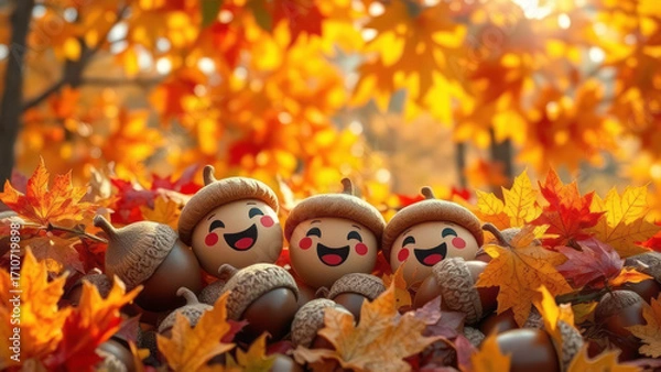 Fototapeta Three smiling acorns hiding in autumn leaves enjoying fall colors