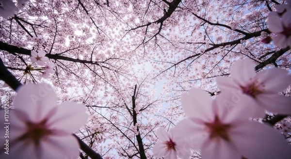 Obraz Delicate pink cherry blossoms blooming against a soft blue sky, viewed from below in spring.