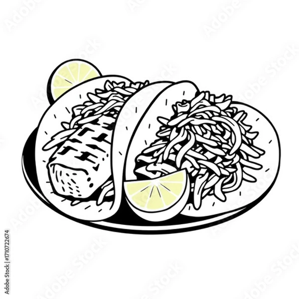 Fototapeta Grilled fish tacos with cabbage slaw and lime