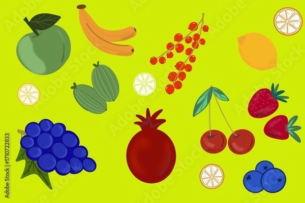 Fototapeta Set of fruits and berries. Vector illustration.