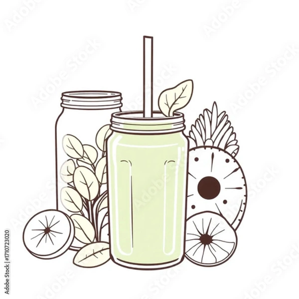 Fototapeta Fresh spinach and pineapple smoothie in mason jars