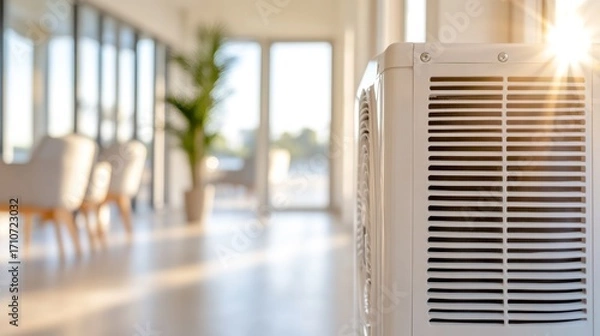 Fototapeta Indoor Air Conditioning Unit: Modern and aesthetically pleasing portable air conditioning unit that ensures cool and pleasant indoor atmosphere, the perfect solution for beating the summer heat.
