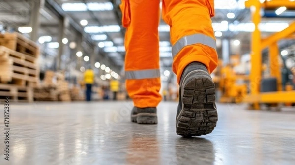 Fototapeta The Warehouse Walk: A worker strides purposefully through a vast warehouse, his vibrant safety gear and sturdy boots reflecting commitment to duty and work in an industrial environment. 