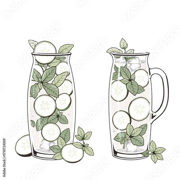 Fototapeta Fresh cucumber mint water in glass pitchers with ice
