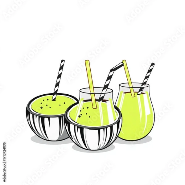 Fototapeta Fresh green smoothie in coconut shells with colorful straws