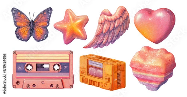 Fototapeta Colorful Clipart Collection of Butterflies, Shapes, and Vintage Objects
