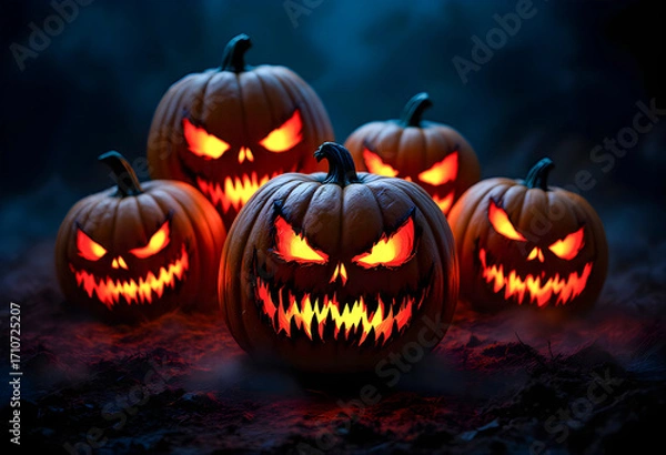 Fototapeta creepy pumpkins glow with sinister faces in the dark eerie night shadows flicker across twisted vines chilling halloween atmosphere haunting glow casting fear on a moonlit haunted yard