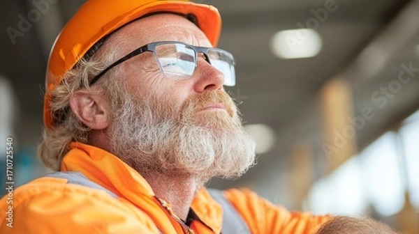Fototapeta Construction Professional Contemplation: A seasoned construction worker, clad in safety gear and an orange helmet, gazes thoughtfully upward, with a focus on reflection and introspection.
