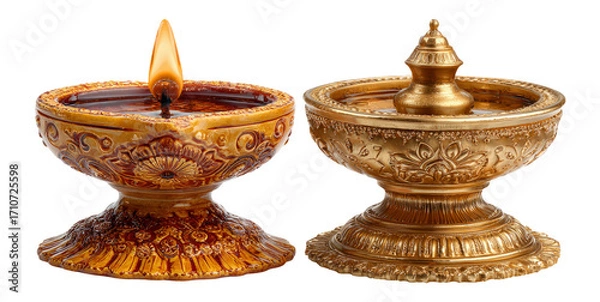 Fototapeta Elegant Decorative Diya Lamps on Transparent Background for Festive Occasions