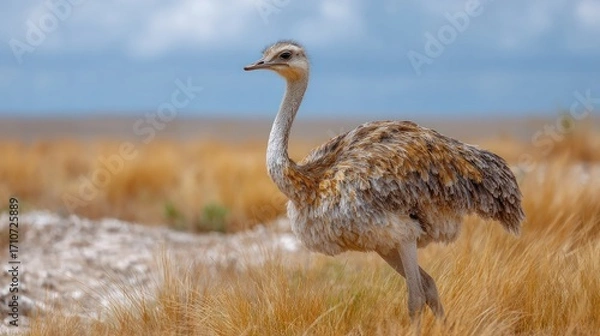 Fototapeta Emu in Savannah: A singular Emu elegantly strolls through the golden savannah, captured in exquisite detail against a background of expansive sky and untouched wild environment.