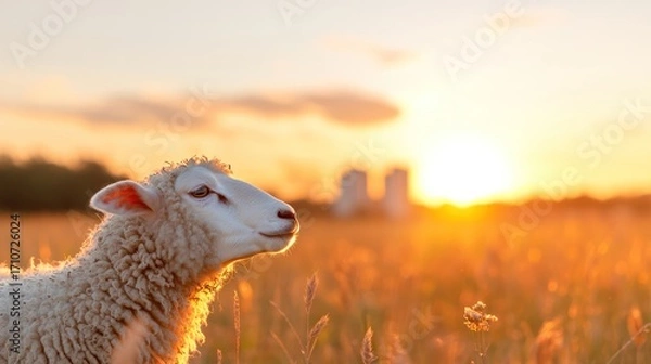 Fototapeta Sheep in Golden Sunset: A sheep, bathed in the golden light of the setting sun, stands serenely in a field of tall grass, evokes a sense of peace, freedom and idyllic rural life.