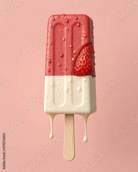 Obraz A red and white strawberry ice cream bar with melting drips and a strawberry slice