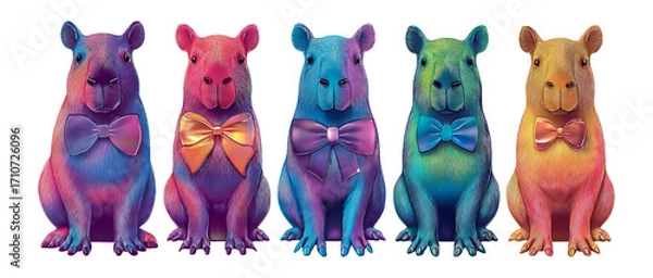 Fototapeta Colorful Cartoon Guinea Pigs with Bows on Transparent Background