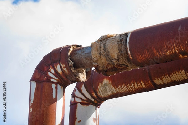 Fototapeta rusty pipeline with damaged thermal insulation