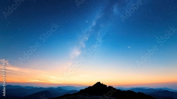 Fototapeta Stargazing over Mountain Ridge: A breathtaking capture of the night sky shimmering with stars above a mountain ridge, capturing the celestial beauty and vastness of the cosmos. 