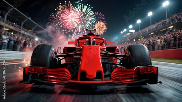 Fototapeta Front view of sleek orange Formula 1 car on racetrack with vibrant fireworks in night sky and cheering crowd in grandstands