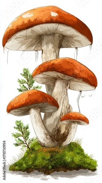 Fototapeta Artistic mushroom cluster illustration on mossy ground, eye-level view, fantasy style, nature concept, isolated on white background