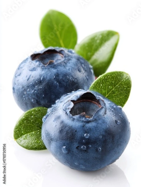 Fototapeta Close up of two fresh blueberries with water droplets and green leaves on a white surface studio shot