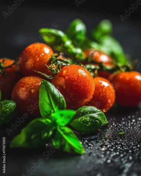 Fototapeta Close-up of Fresh Cherry Tomatoes and Basil Leaves with Water Droplets on Dark Surface, Low Angle, Studio Shot