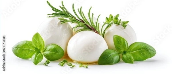 Fototapeta Fresh Mozzarella Balls with Basil and Rosemary Sprigs on White Background Close Up Studio Shot
