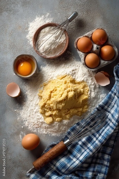 Fototapeta Overhead shot of baking ingredients, flour, eggs, dough, and whisk on grey surface, cooking preparation, food photography