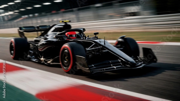 Fototapeta Driver in red helmet racing a sleek black Formula 1 car at high speed on the racetrack