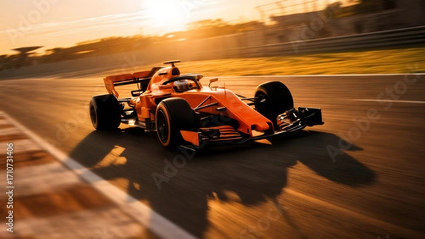 Fototapeta Orange Formula One car speeding on racetrack at sunset