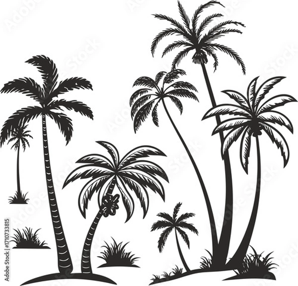 Fototapeta Black palm trees with coconuts and grass tropical silhouette