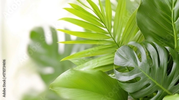 Fototapeta Vibrant Green Tropical Leaves: A captivating cluster of vivid tropical leaves, bursting with freshness and life, showcasing the intricate details and various shades of green.