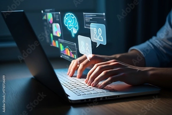 Fototapeta Hands typing on laptop displaying futuristic ai and data analytics interfaces glowing brightly