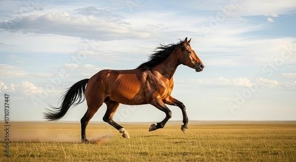 Fototapeta Majestic Brown Horse Galloping Freely Across an Open Grassy Field Under a Lightly Cloudy Sky, Showcasing its Power and Grace.