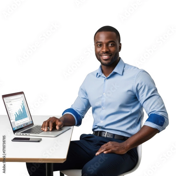 Fototapeta Professional black man smiling at desk with laptop showing financial chart data isolated on transparent background