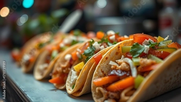 Fototapeta Close-up of vibrant street food tacos with fresh toppings, showcasing appetizing textures and colors.