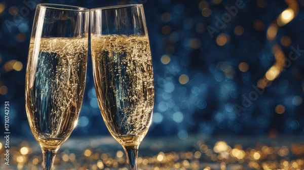 Fototapeta Two elegant champagne glasses filled with sparkling golden bubbles clinking together against a festive dark blue background with glowing bokeh lights, symbolizing celebration, and New Year’s Eve