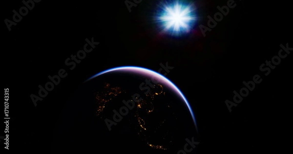 Fototapeta A stunning view of Earth in low light, showcasing city lights at night, with a bright star shining in the distance against the vastness of space.