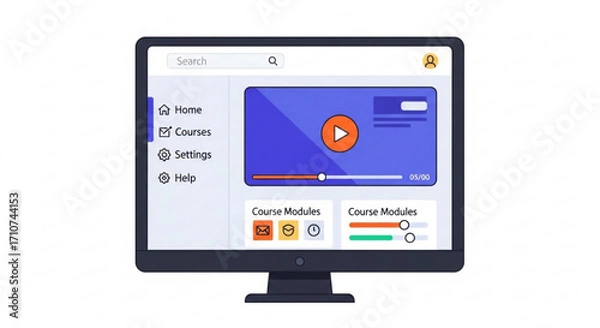 Obraz Online courses platform interface design for e learning and education with video player and course modules